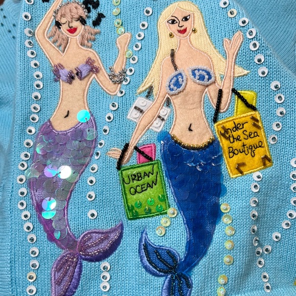Vintage Jack B. Quick blue mermaid sequin beaded embroidery sweater cardigan M - Picture 11 of 16